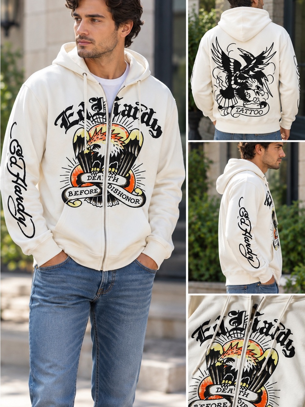 Ed Hardy Men’s Death Before Dishonor Eagle Full Zip Hoodie Ivory XL NWT
